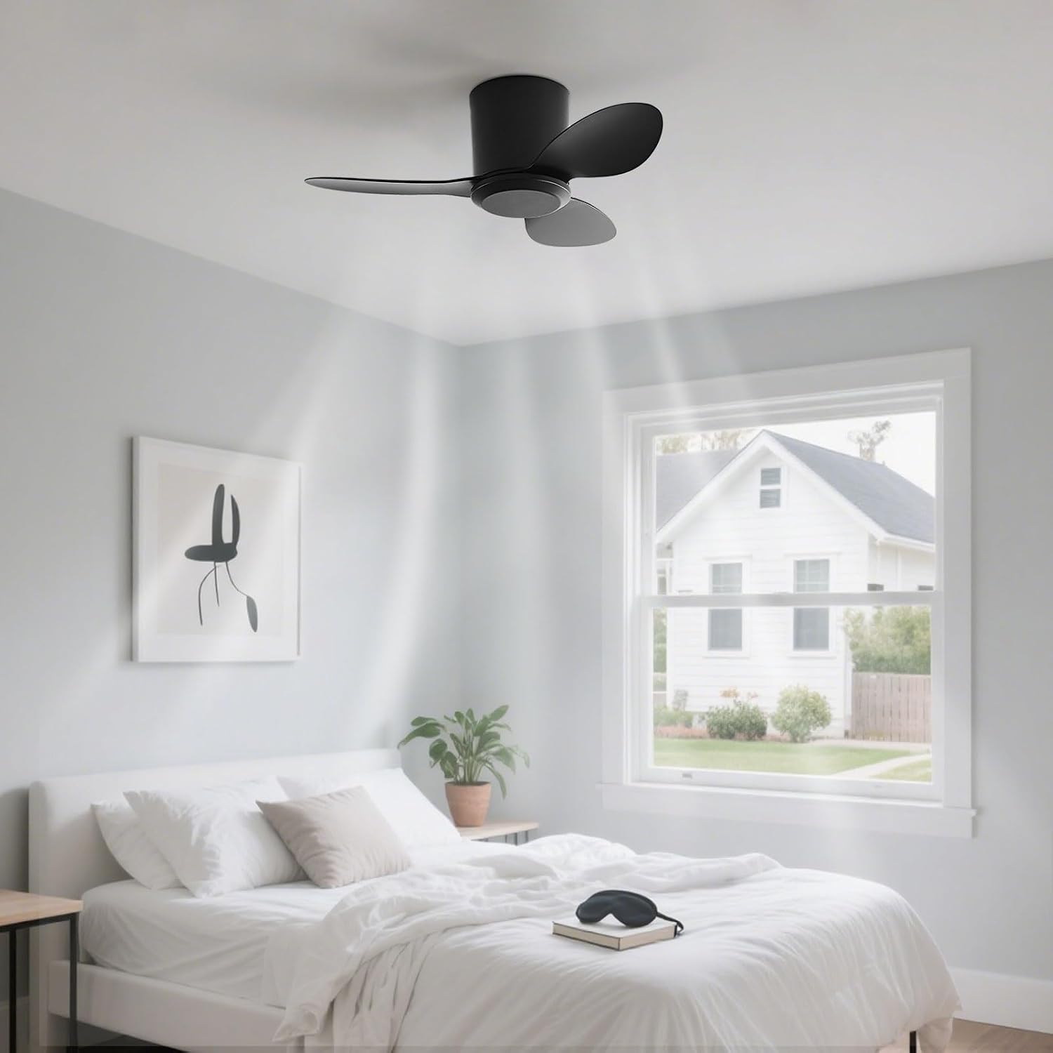 Flush Mount Ceiling Fan No Light Modern Small Ceiling Fans Remote Control 6 Speeds 25 Inch Ceiling Fan Without Lights Quiet DC Motor, 3 Blades For Restaurant Bedroom Patio Indoor