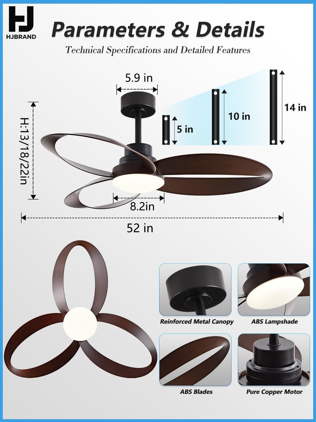 52 inch Ceiling Fans with Lights and Remote Black Strong Wind,special 3 Blades Noiseless Reversible DC Motor 6 Speeds with 3 CCT,for Patio Living Room Bedroom Office Indoor Outdoor,Black+Dark Walnut