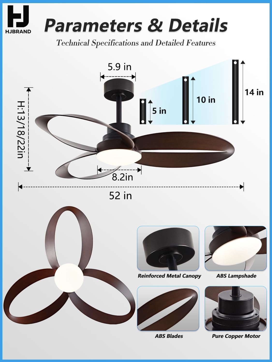52 inch Ceiling Fans with Lights and Remote Black Strong Wind,special 3 Blades Noiseless Reversible DC Motor 6 Speeds with 3 CCT,for Patio Living Room Bedroom Office Indoor Outdoor,Black+Dark Walnut