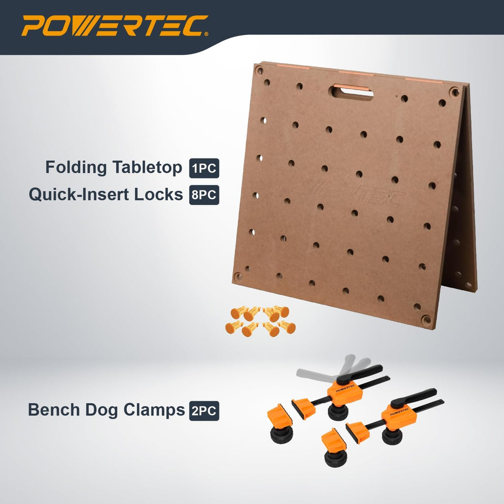 POWERTEC 72303 Arachni Flex 24' x 48' Foldable Workbench Tabletop w/2PCs Bench Dog Clamps for 3/4' Dog Holes- Portable Work Surface w/Pre-drilled Dog Holes & Quick-Insert Locks for Workstand