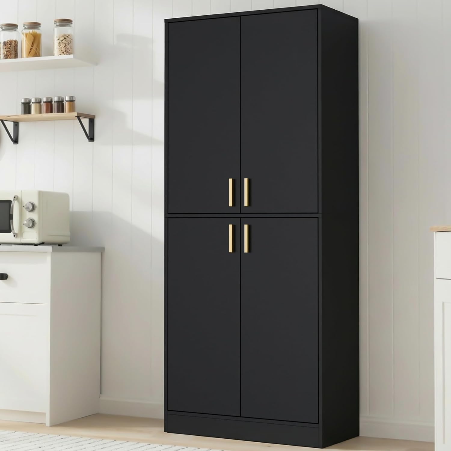 Cozy Castle Kitchen Pantry Cabinet, 71' Tall Wood Storage Cabinet with Doors and Shelves 4 Doors Freestanding Cupboard for Dining Room Living Room Furniture, Black | Wood Storage Cabinet