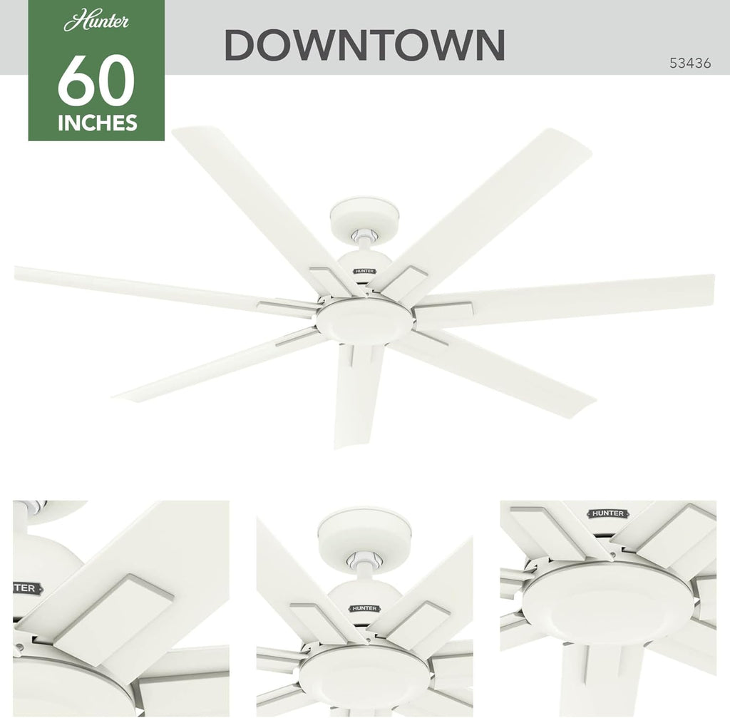 Hunter 60' Downtown Indoor/Outdoor Ceiling Fan, Wall Control, Matte White | ENERGY STAR fan is 64% more efficient, with SureSpeed high-velocity airflow for great rooms, lofts, or covered porches.