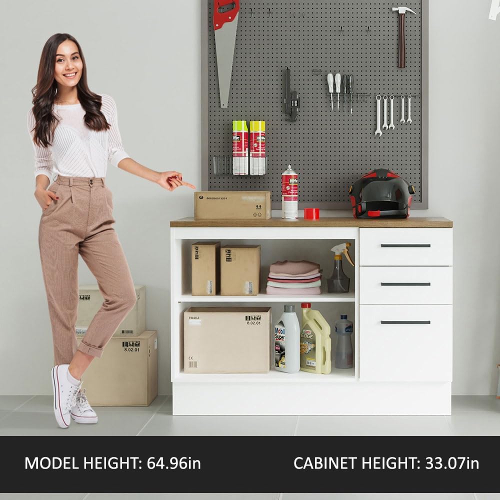 Madesa Heavy-Duty Garage and Utility Room Base Storage Cabinet with 2 Doors and 3 Drawers Storage Shelves 47 Inch Wooden Organization Unit - White