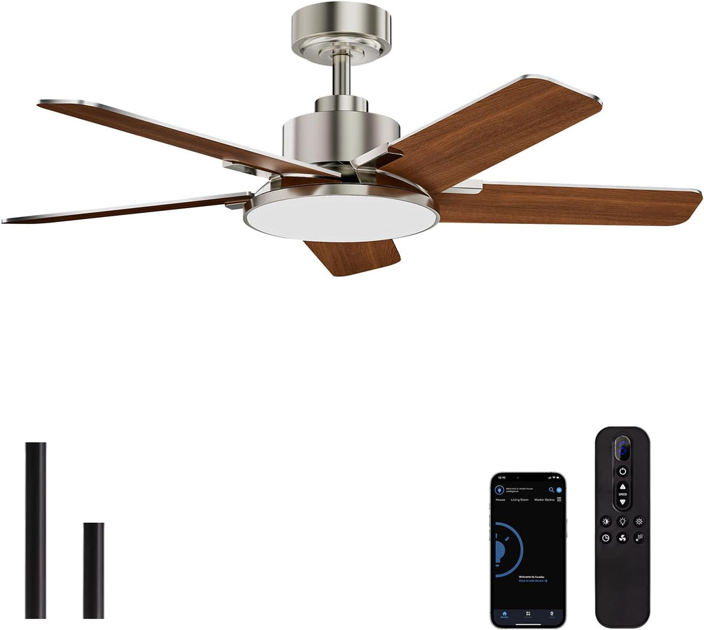 Fanbliss 44 Inch Ceiling Fans with Lights, Modern Nickel Ceiling Fan with Dimmable LED, 6 Speeds, Timer, Quiet Reversible DC Motor, Remote Control Ceiling Fan for Bedroom, Living Room and Kitchen