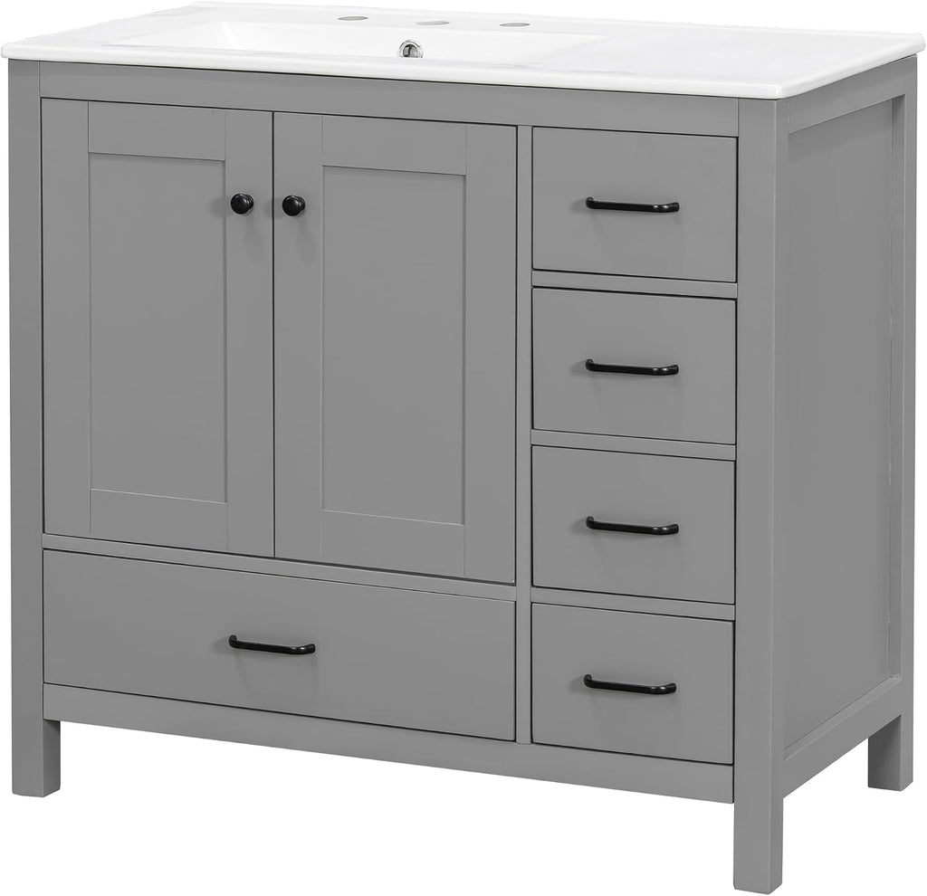 LUMISOL 36 Inch Bathroom Vanity with Sink, Freestanding Bathroom Cabinet with Ceramic Sink, Modern Single Vanity with Soft Close Doors & Drawers for Guest Bath, Master Suite, Rental, Grey