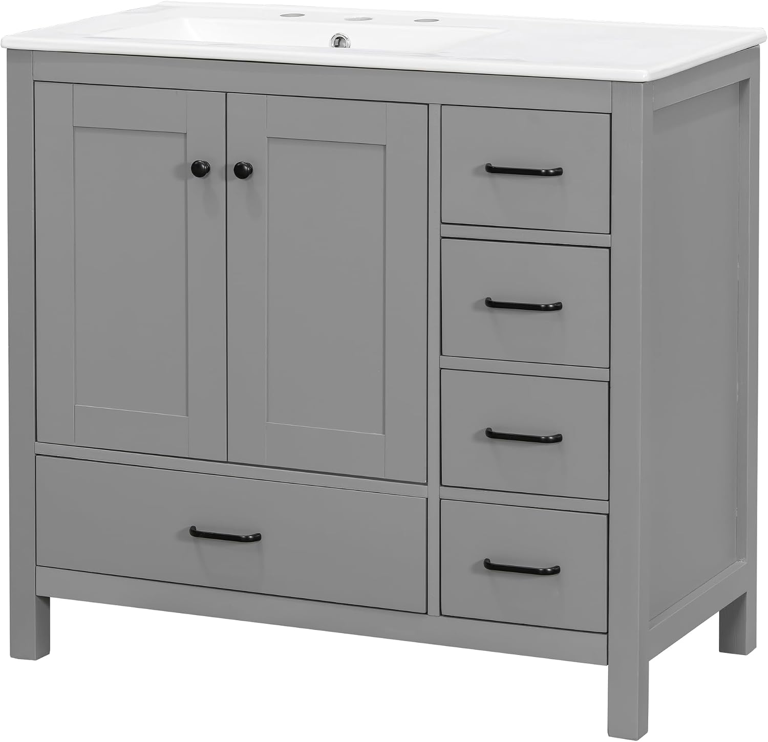 LUMISOL 36 Inch Bathroom Vanity with Sink, Freestanding Bathroom Cabinet with Ceramic Sink, Modern Single Vanity with Soft Close Doors & Drawers for Guest Bath, Master Suite, Rental, Grey