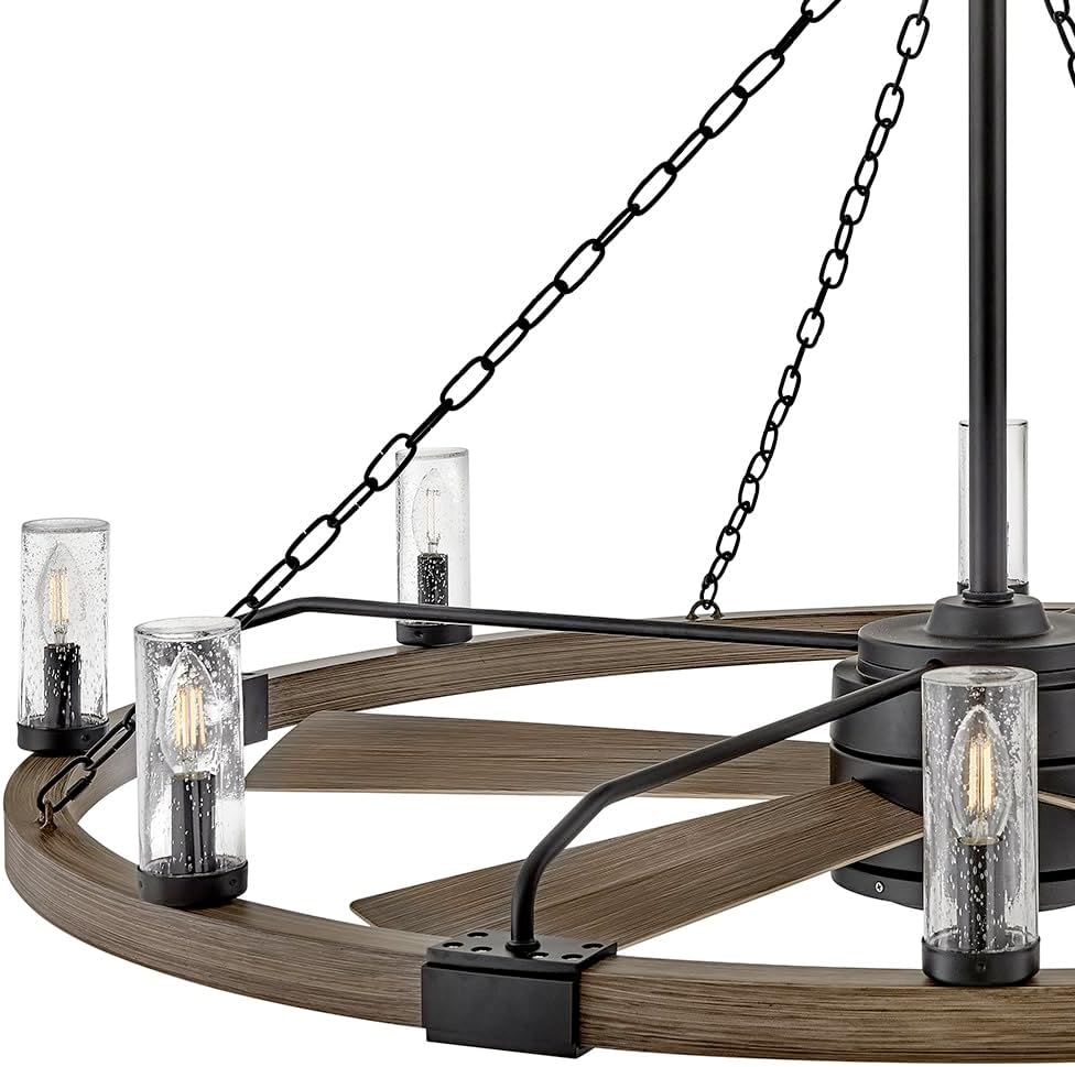 Hinkley Sawyer 52' LED Smart Ceiling Fan with Light and Remote, Rustic Wagon Wheel Chandelier Fandelier, Composite Material, Wet Rated Indoor Outdoor, Seedy Glass Shades, Matte Black and Driftwood