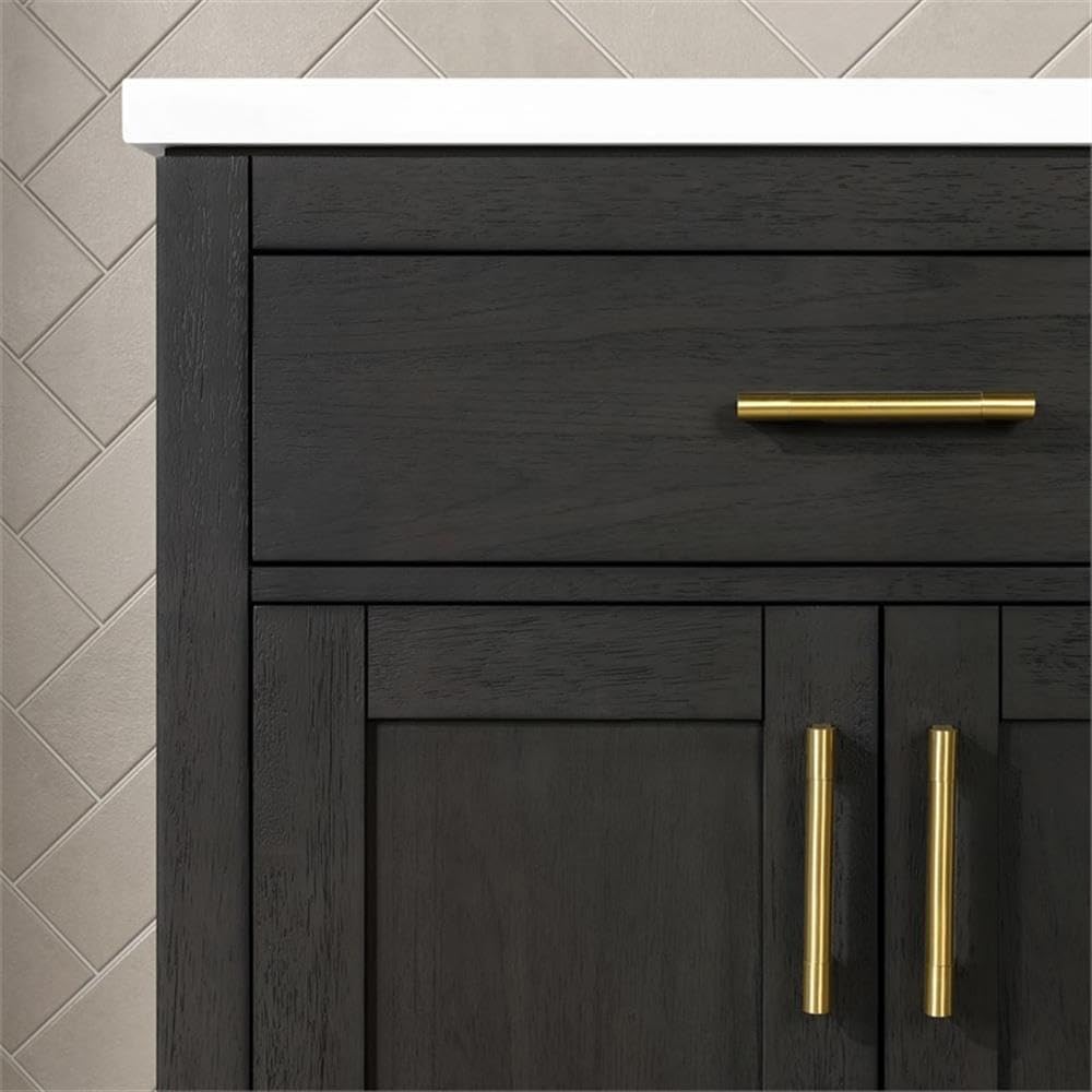 Pemberly Row 72' Double Bathroom Vanity, Matte Black Wood Finish, White Quartz Countertop with 2 Undermount Sinks, Soft-Close Storage, Shaker Style, Power Bar, Master or Guest Bathroom Use