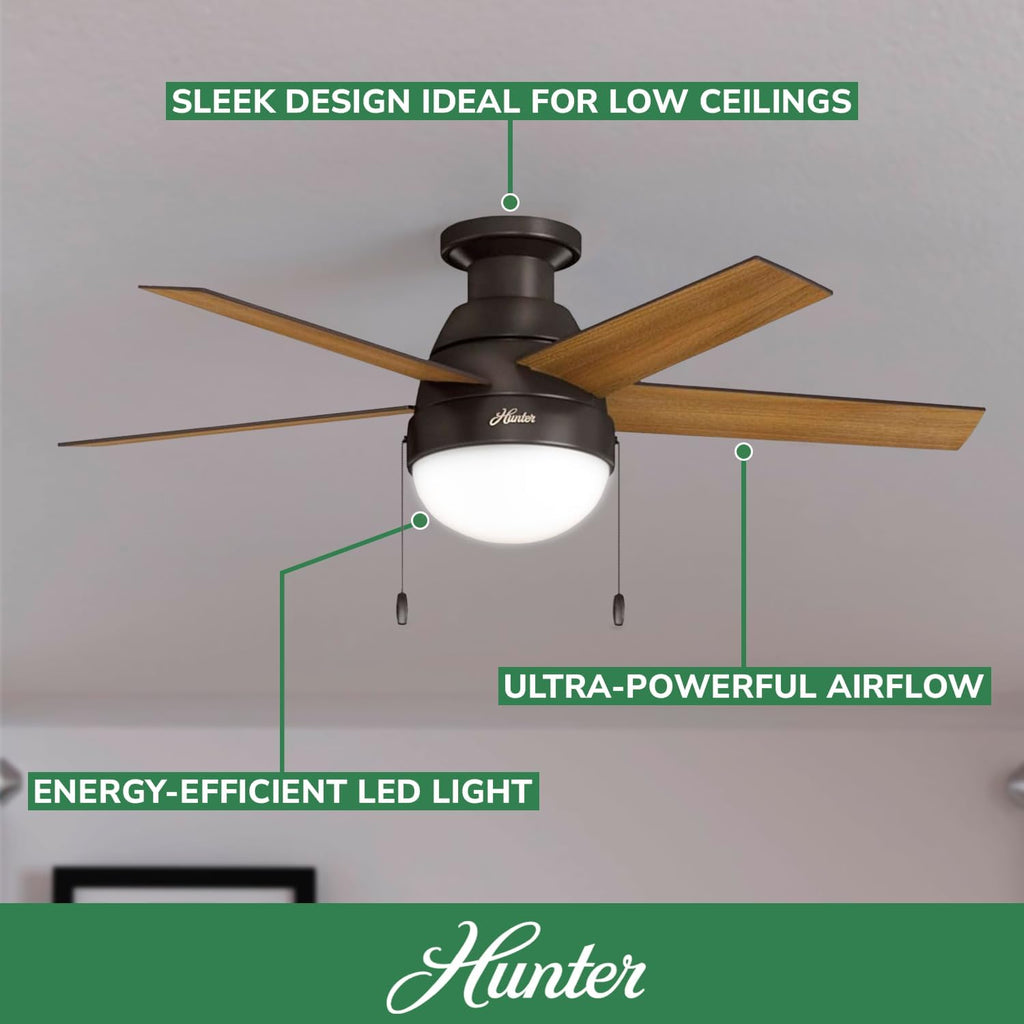 Hunter 46 inch Indoor Ceiling Fan with LED Light - Bronze Ceiling Fan with Pull Chain, For Bedroom, Living Room, or Kitchen, Low Profile Mount, No Remote, 5 Blades - Anslee 59268, Premier Bronze