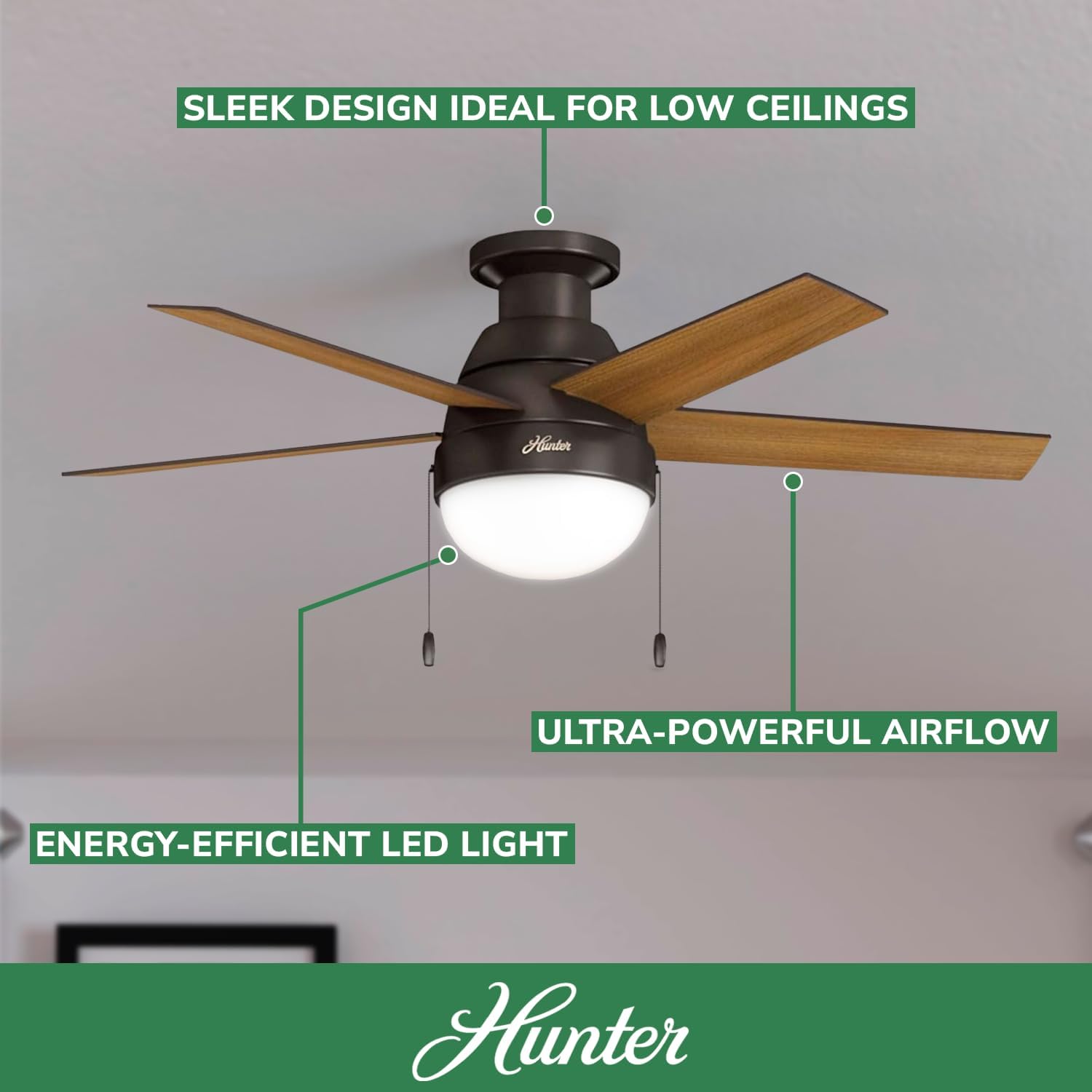 Hunter 46 inch Indoor Ceiling Fan with LED Light - Bronze Ceiling Fan with Pull Chain, For Bedroom, Living Room, or Kitchen, Low Profile Mount, No Remote, 5 Blades - Anslee 59268, Premier Bronze