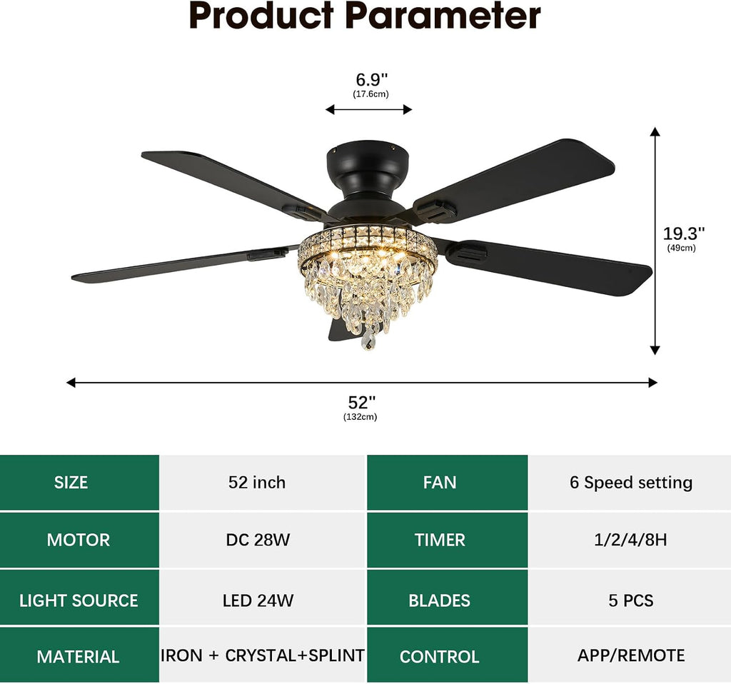 52' Crystal Ceiling Fans with RGB Lights, Remote/App Control, Modern Fandelier Ceiling Fan Flush Mount, Reversible DC Motor, Dimmable, Bedroom Chandelier Fan, (Black)