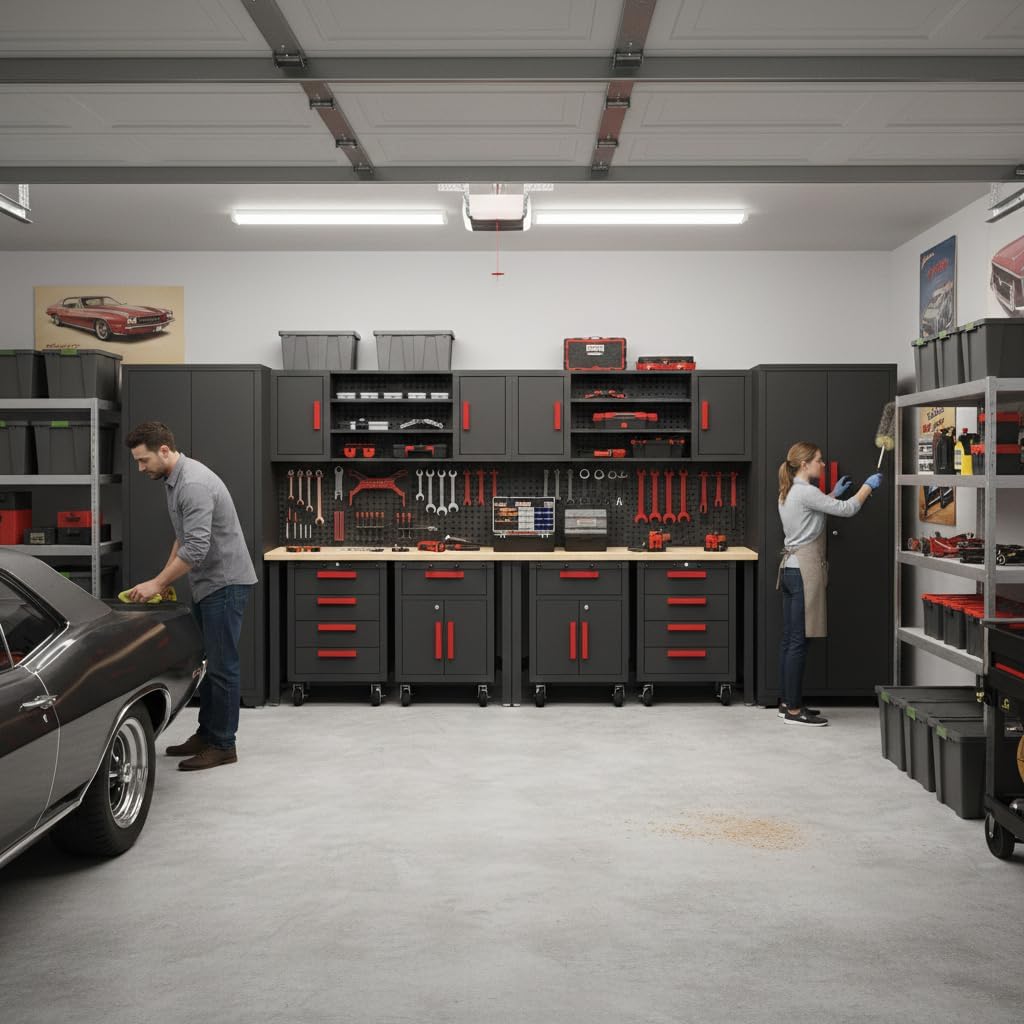Garage Storage Cabinet System, 12PCS Garage Cabinets and Storage System Kit Workshop Set with Steel Cabinet, Cabinet Drawers, Workbench, Red Handle
