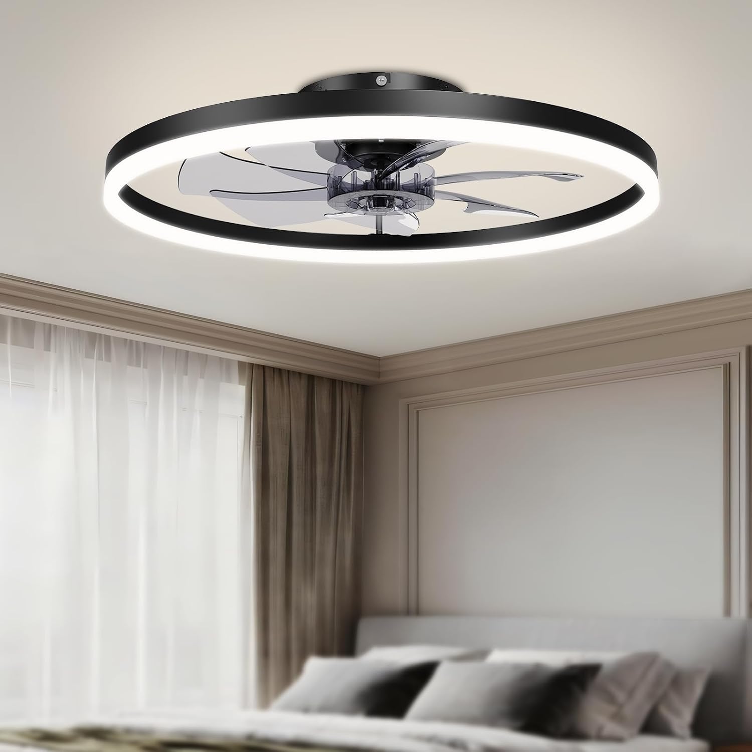 VOLISUN Low Profile Ceiling Fans with Light and Remote,No Assembly,23.6in Fandelier Ceiling Fan with Lights, 3000K-6500K Dimmable Flush Mount LED Fan Light, Black Bladeless Ceiling Fans for Bedroom