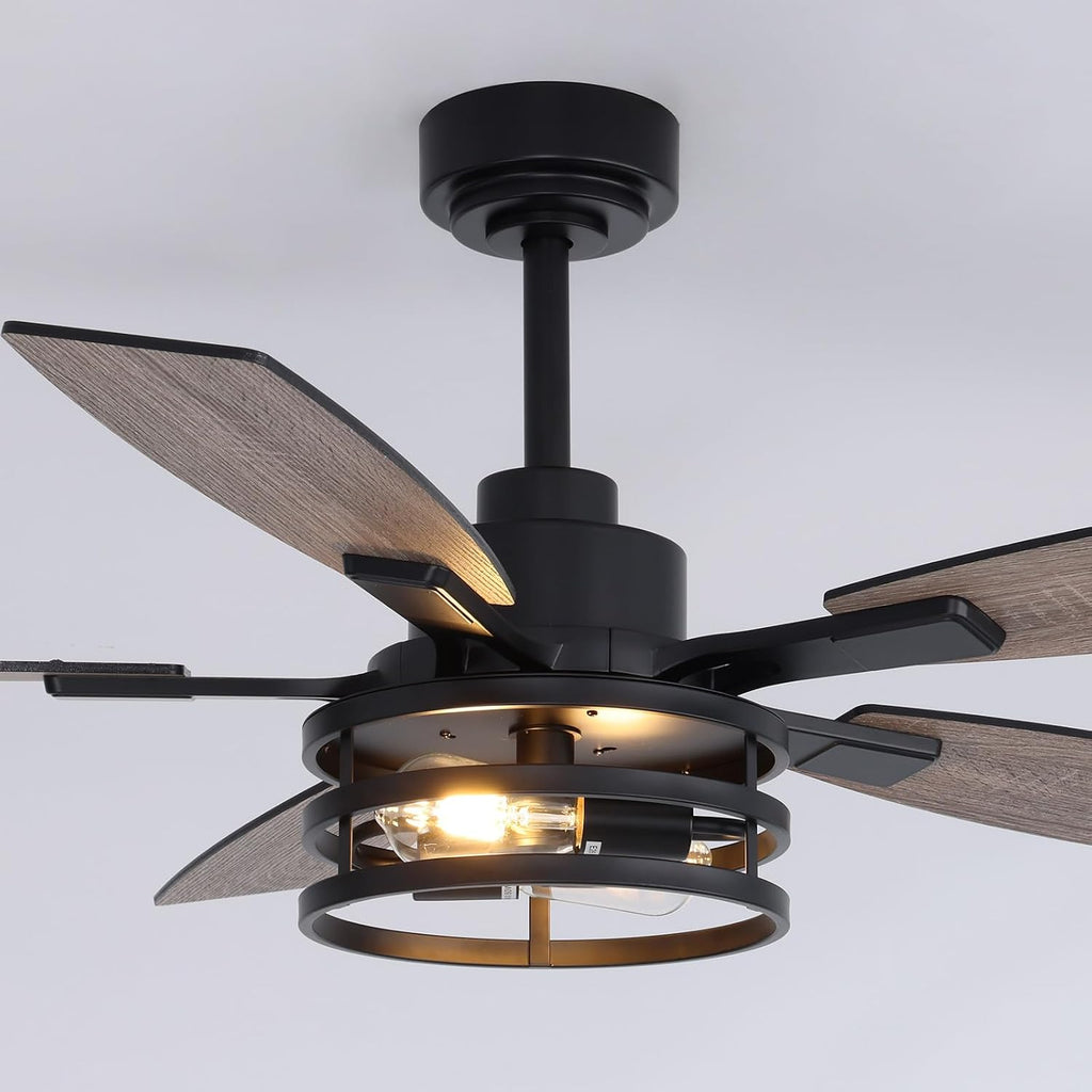 52 Inch Ceiling Fans with Lights and Remote Control, Farmhouse Ceiling Fan with LED Lighting for Bedroom Living Room and Patio, Black Caged Ceiling Fan for Indoor and Outdoor(NO Bulbs)