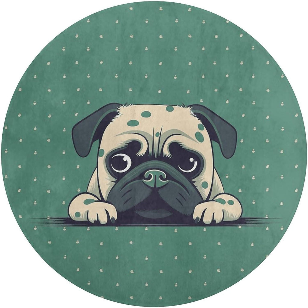 Pug Green Polka Dot Coral Velvet Round Floor Mat Non-Slip Bath Rug Floor Covering for Bathroom Vanity Guest Suite & Vacation Home