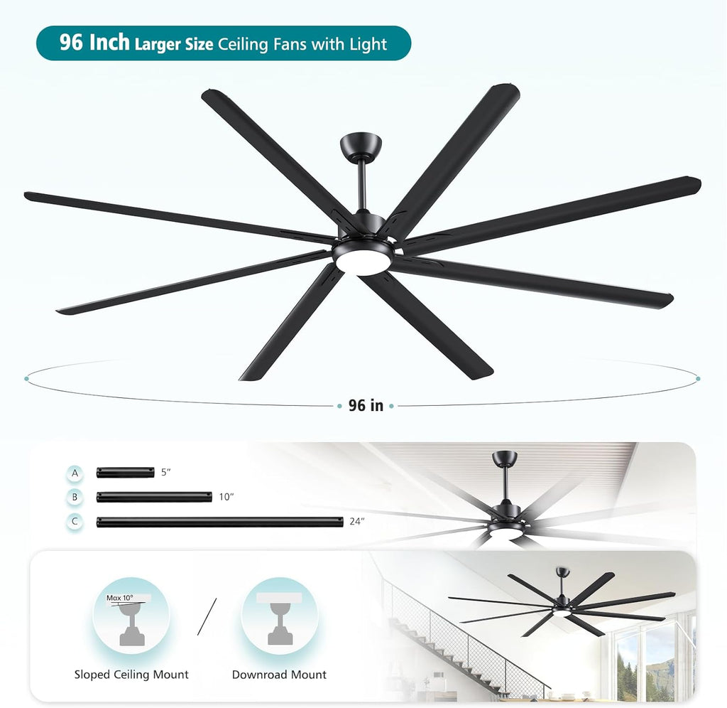 96 Inch Industrial Ceiling Fans with Lights 3CCT,Large Ceiling Fan DC Motor Quiet,Garage Ceiling Fan 1-6 Wind Speeds Reversible,8 Aluminum Blades ,Indoor/Outdoor Ceiling Fans for Patios,Black (Black)