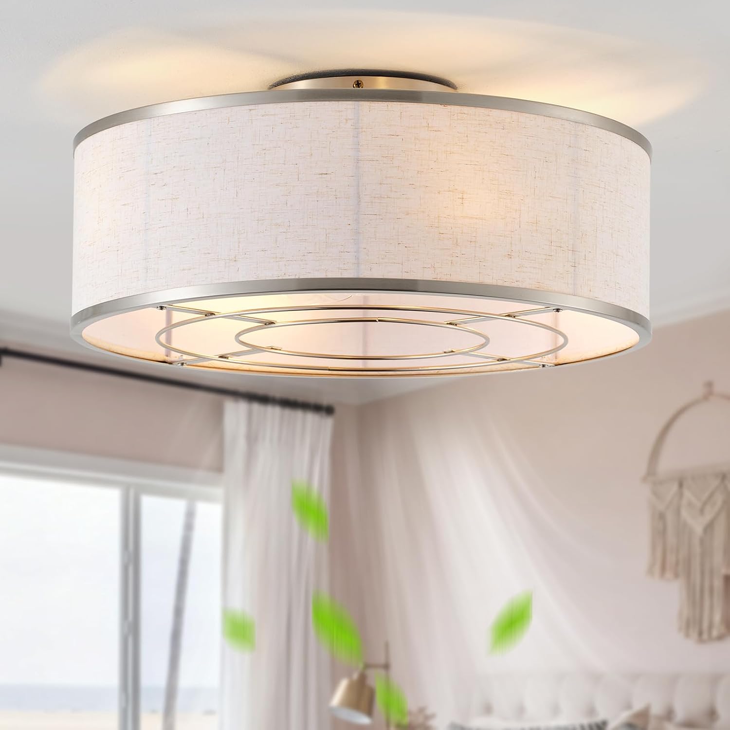 20 Inch Boho Ceiling Fan with Light, Low Profile Flush Mount Caged Ceiling Fan, Bladeless Silver Drum Chandelier with Remote, 6 Speed Reversible DC Motor for Bedroom Living Room, Nursery