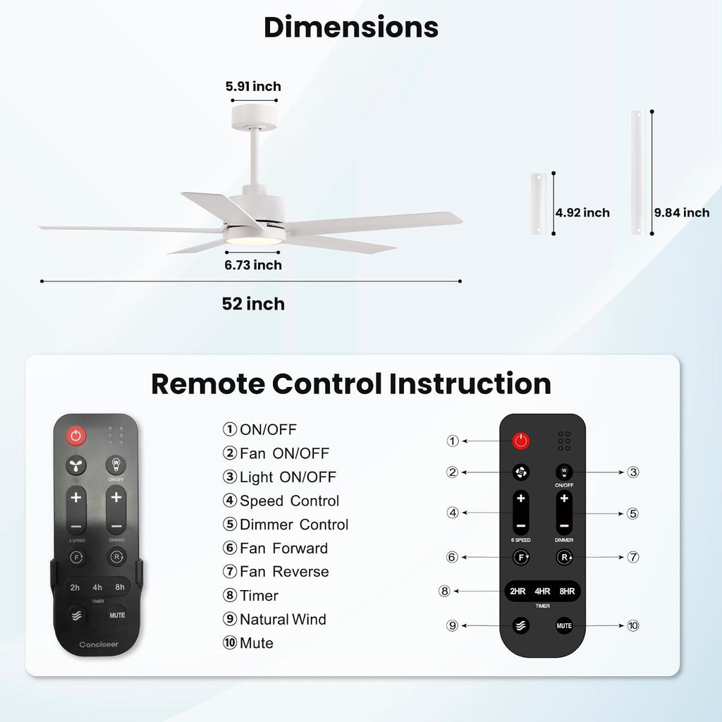 Conciseer Modern Ceiling Fans with Lights,52 Inch Ceiling Fans with Remote for Bedroom Living Room Kitchen, 18W 3CCT Dimmable，5 Blades 6 Speed Reversible Quiet DC Motor White