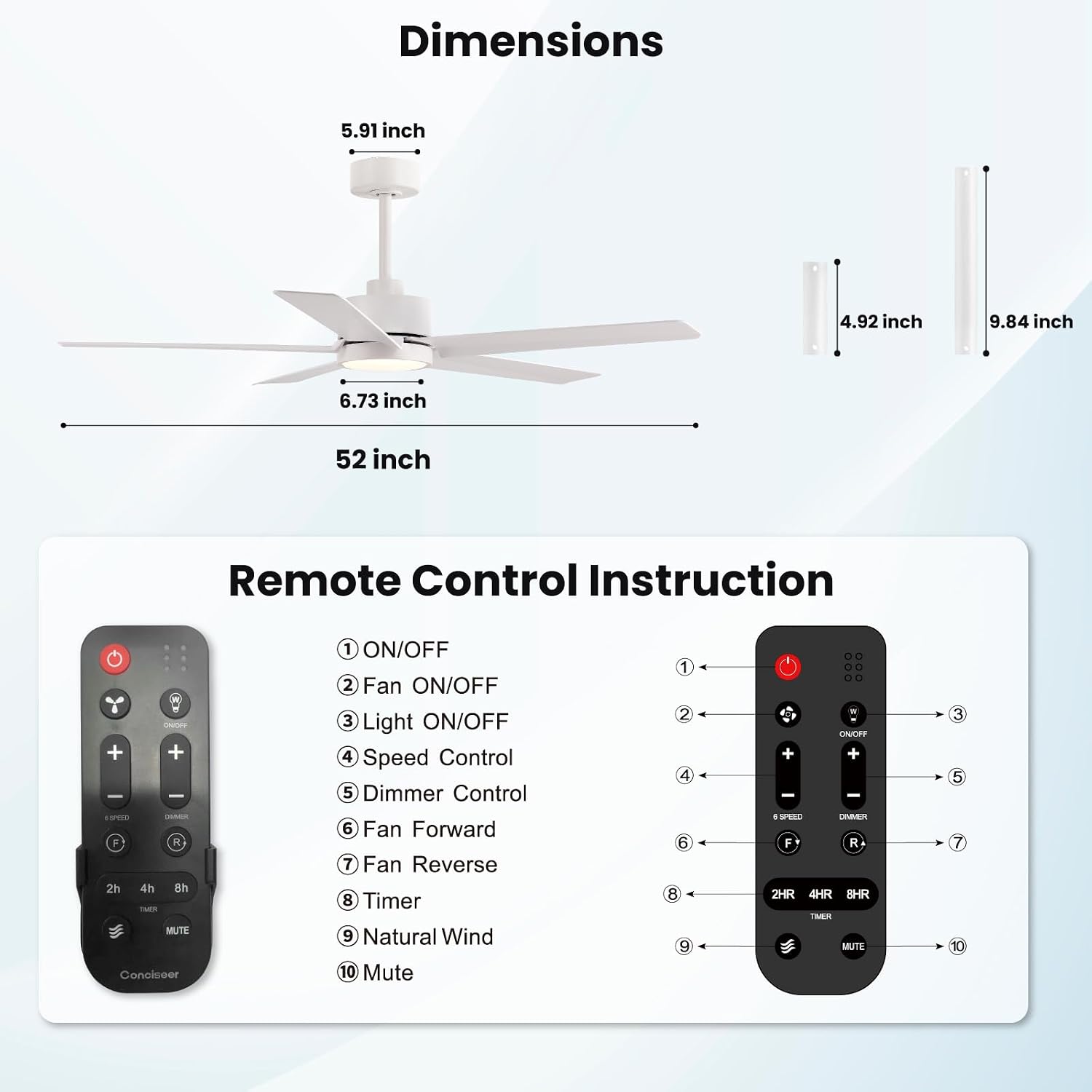 Conciseer Modern Ceiling Fans with Lights,52 Inch Ceiling Fans with Remote for Bedroom Living Room Kitchen, 18W 3CCT Dimmable，5 Blades 6 Speed Reversible Quiet DC Motor White