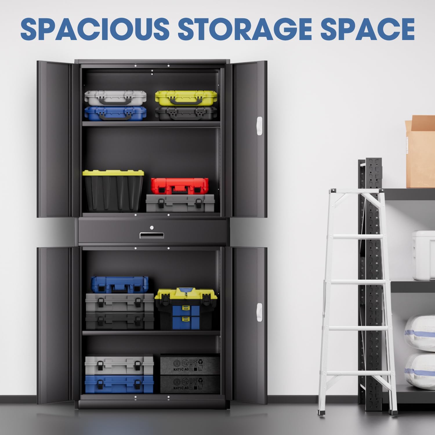 DNA Motoring 71'' Metal Storage Cabinet, Locking Tool Cabinet with 1 Drawer and Adjustable Shelves, Lockable Heavy Duty Metal Locker for Garage,Office,Home,Gym, Black, TOOLS-00629-BK-BK-A