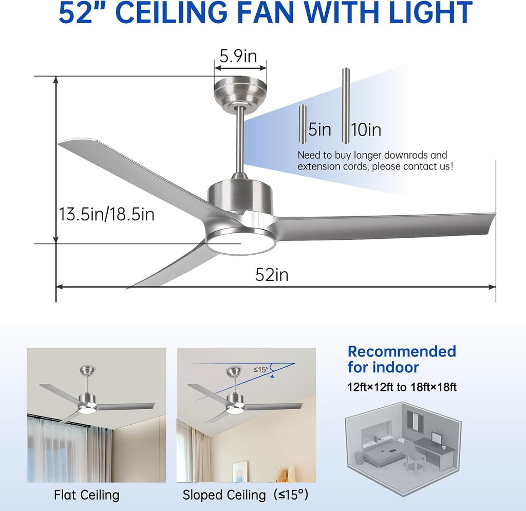 52 Inch Modern Silver Ceiling Fan with Filters Lights Remote Control, Quiet DC Motor/Dimmable 3 Color LED/6 Speed High CFM/3 Blade Indoor Ceiling Fans for Bedroom/Living Room