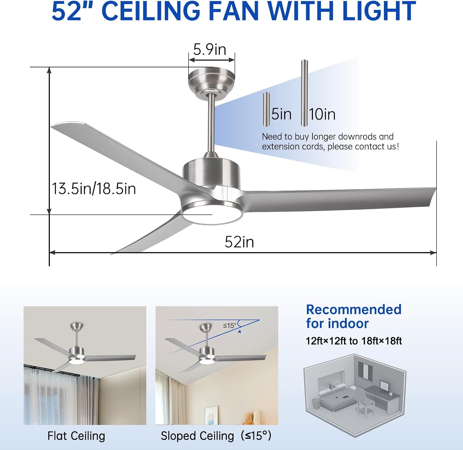 52 Inch Modern Silver Ceiling Fan with Filters Lights Remote Control, Quiet DC Motor/Dimmable 3 Color LED/6 Speed High CFM/3 Blade Indoor Ceiling Fans for Bedroom/Living Room