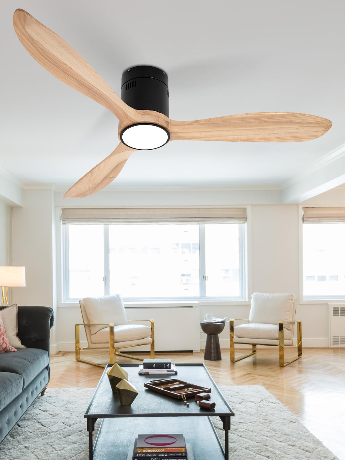 VACILL Flush Mount Ceiling Fan with Light,Low Profile Ceiling Fan,Natural Wooden Fan Blades,6 Speed,LED Dimmable,DC Motor,52 inch,Natural Wood Blade