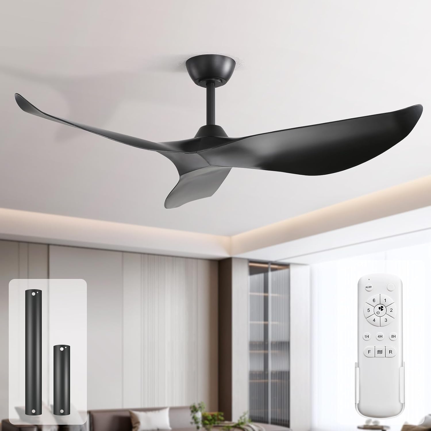 Sofucor 52 Inch Black Ceiling Fan No Light, Modern Ceiling Fan with Remote Control, Quiet Reversible DC Motor, 6-Speed Noiseless Indoor Ceiling Fan for Bedroom Living Room Covered Patio Porch