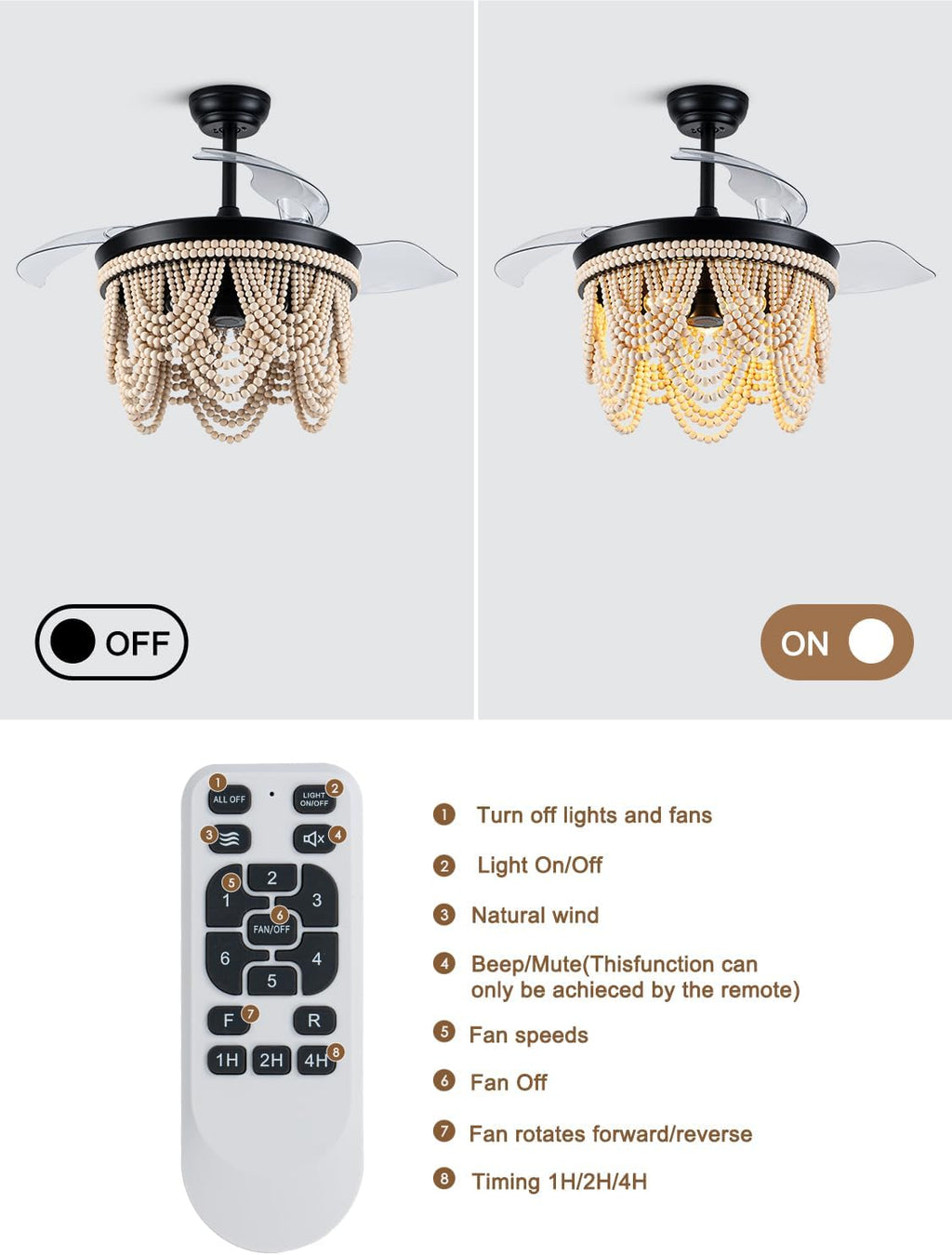 42 Inch Boho Retractable Ceiling Fan with Lights Boho Fandelier Ceiling Fan Wood Beaded Coastal Chandelier, 6 Speeds Reversible Quiet DC Motor 3 E26 for Bedroom Living Room