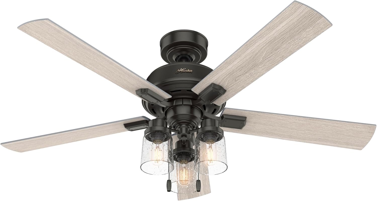 Hunter 52 inch Indoor Ceiling Fan with LED Lights - Bronze Ceiling Fan with Pull Chain, For Bedroom, Living Room, or Kitchen, Standard Mount, No Remote, 5 Blades - Hartland 50311, Noble Bronze