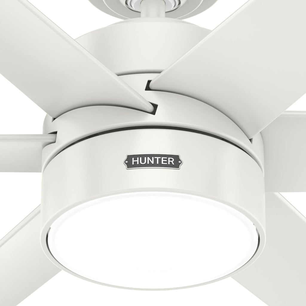 Hunter 60 inch Outdoor or Indoor Ceiling Fan with LED Light - White Ceiling Fan with Wall Control, For Patio, Garage, or Porch, Quiet, Standard Mount, 6 Blades - Solaria 51476, Fresh White