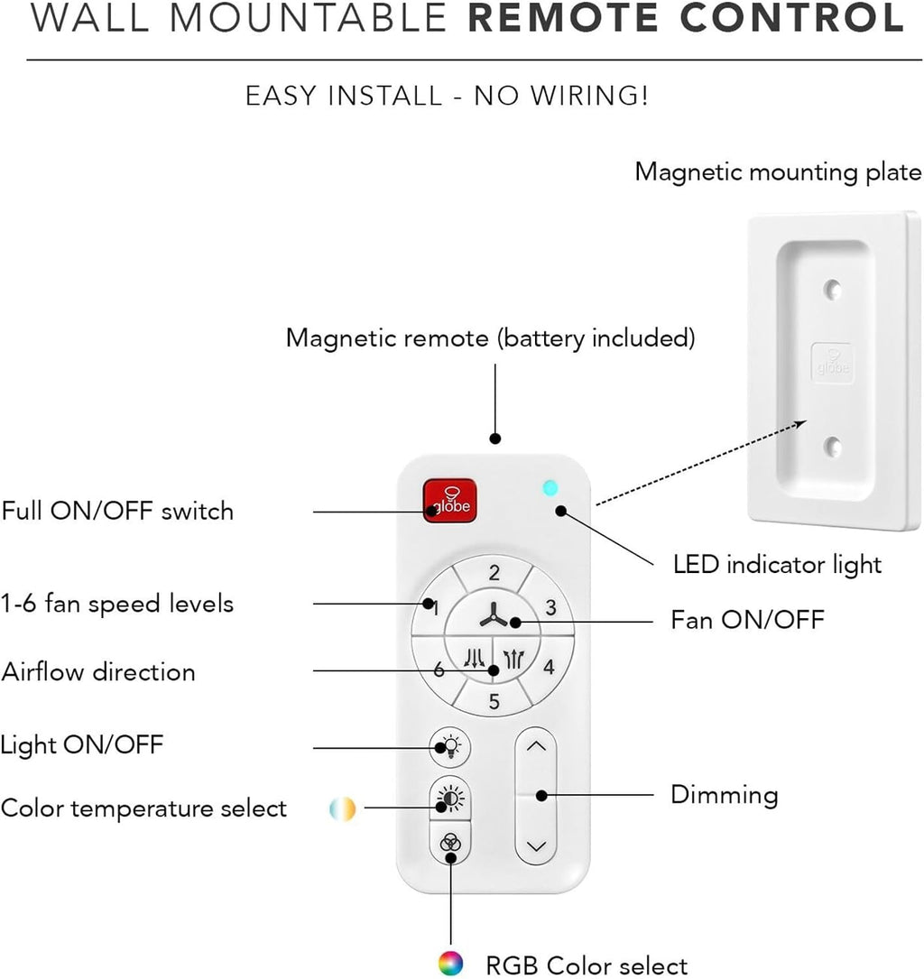 Globe Electric 37000110 52' Smart Ceiling Fan with LED Light, Remote Control, WhisperQuiet DC Motor, 6 Speeds, Matte Black
