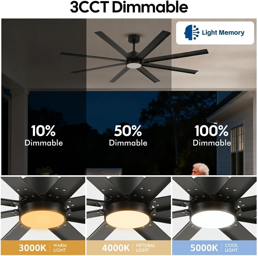 72 Inch Outdoor Smart Ceiling Fan with Lights, Waterproof All Weather Wet Rated, 8 Black Industrial Aluminum Blades, High CFM Quiet DC Motor, Alexa/App Control for Patio, Gazebo & Large Commercial