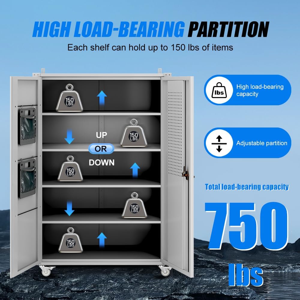 Yeeoy Wide & Deep Metal Garage Storage Cabinet with Pegboard & Adjustable Shelves, Lockable Storage Cabinet with Wheels, Tool Organization Cabinets for Office Garage Shop, 43''W x 22''D x 72''H, Gray