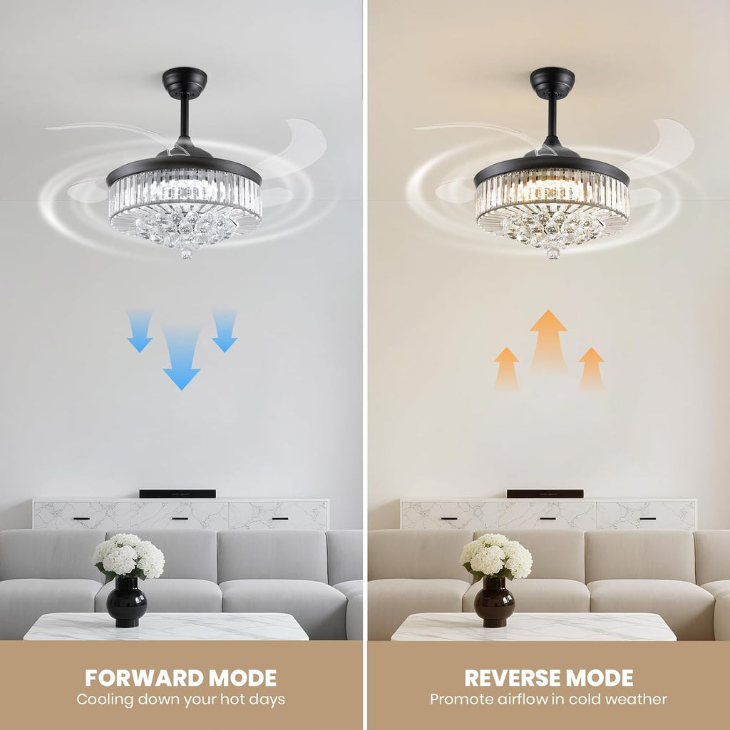 Fandelier Ceiling Fan with Light, 42'' Retractable Ceiling Fans,Crystal Chandelier Fan with LED Dimmable for Bedroom Living Room etc-Black