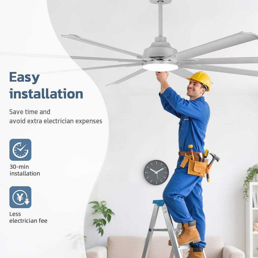 84 Inch Large Ceiling Fan with Light, 8 Aluminum Blades, DC Motor, 6 Speed Remote Control, Modern Indoor Outdoor Ceiling Fan with 3 Downrods, Reversible Quiet Fan for Living Room,Great Room,Patio,Shop