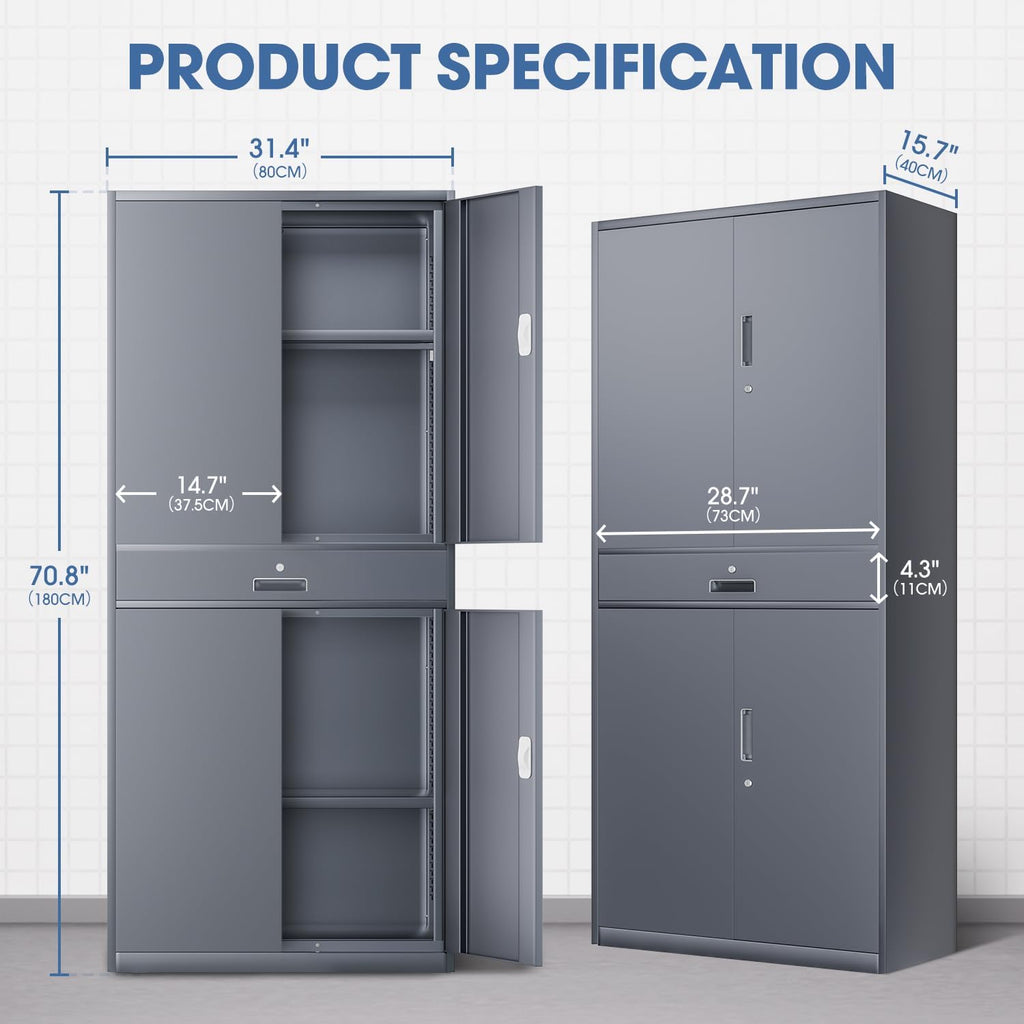 DNA Motoring 71'' Metal Storage Cabinet, Locking Tool Cabinet with 1 Drawer and Adjustable Shelves, Lockable Heavy Duty Metal Locker for Garage,Office,Home,Gym, Gray, TOOLS-00629-GY-GY-A