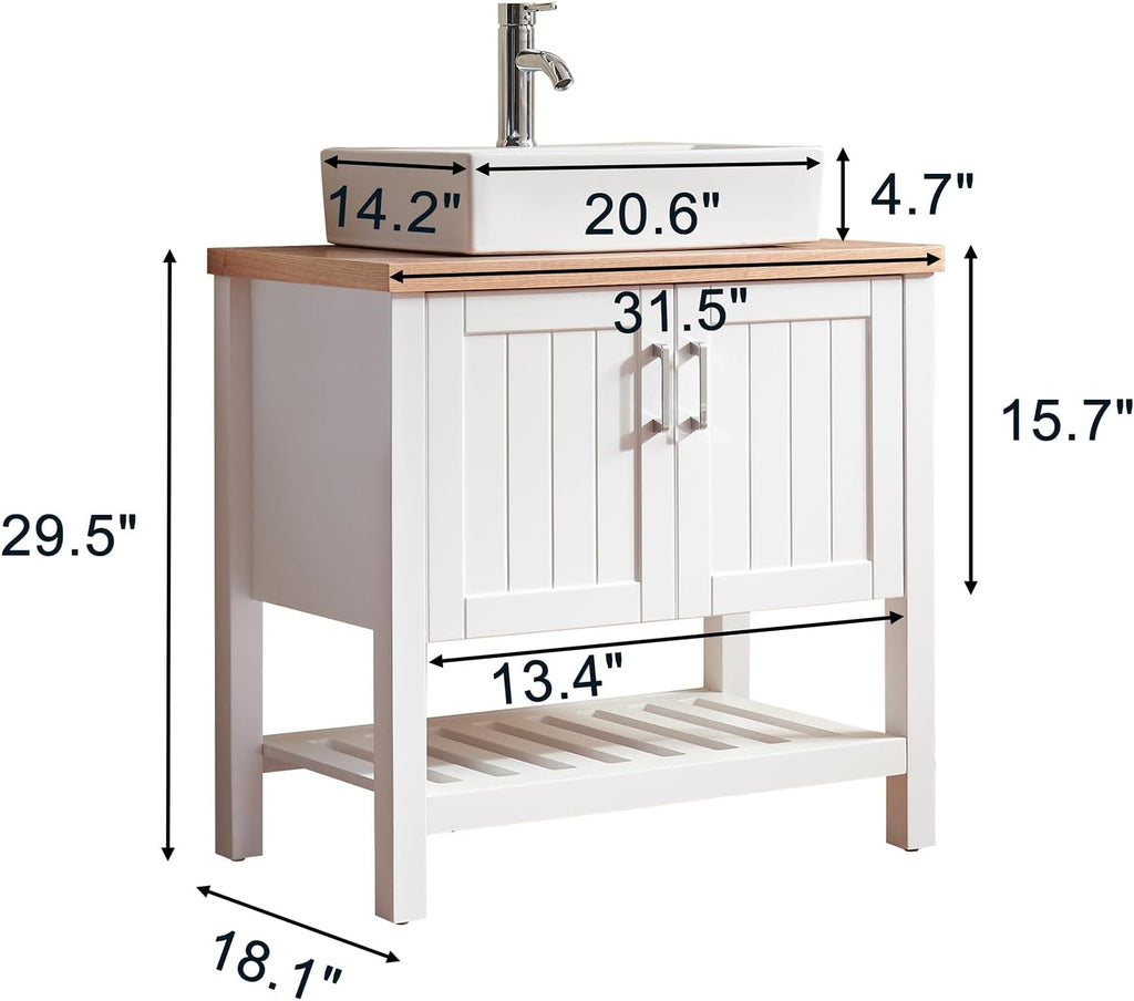 32' Farmhouse Single Bathroom Vanities, Wooden Bathroom Vanity with Sink Combo, Wood Slat Door Freestanding Single Bath Storage Cabinet with 2 Doors & Open Shelf, Cabinet