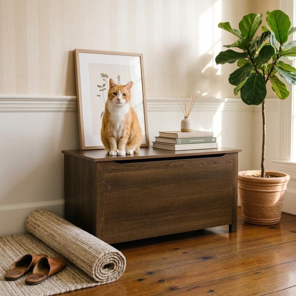 Parker Designer Cat Litter Box Enclosure – Hidden, Dog-Proof Pet Furniture with Lid, Elegant & Odor-Contained for Large Cats, Light Brown