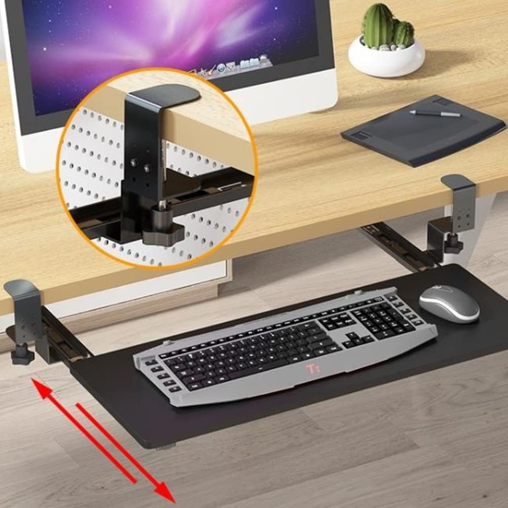 Pull-Out Keyboard Wood Keyboard Tray Under Desk Ergonomic Keyboard Drawer 64Cm/24Inch Keyboard Slide with C Clamp/Black (Walnut)