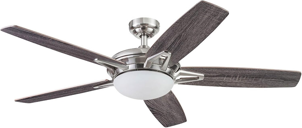 Prominence Home Clancy, 52 Inch Contemporary LED Ceiling Fan with Integrated Dome Light, Remote Control, Dual Mount, 5 Reversible Dual-Finish Blades - 51482-01 (Brushed Nickel)