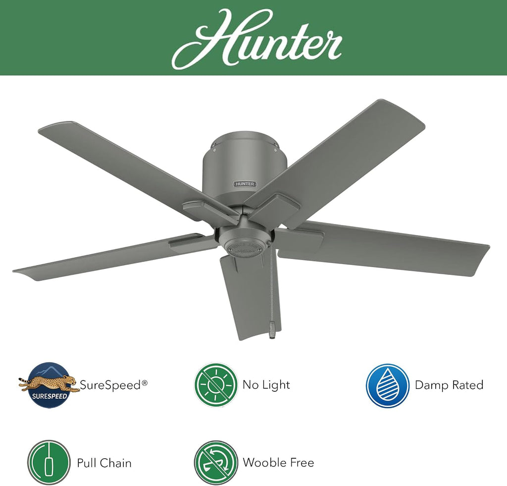 Hunter Fan 44 inch Ceiling Fan with Pull Chain and No Light, Outdoor or Indoor Matte Silver Ceiling Fan for Porch, Living Room, Office, Kitchen, Garage (Renewed)