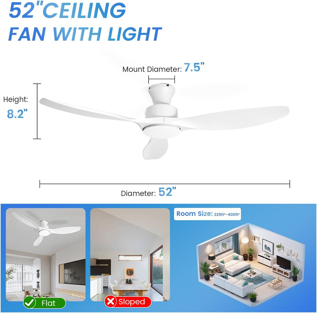 52' White Ceiling Fan with Light and Remote, Flush Mount Low Profile Ceiling Fans, Ceiling Fan with Dimmable LED Lights, 6 Speed, Silent Reversible DC Motor,White Fan for Bedroom/Living Room/Patios