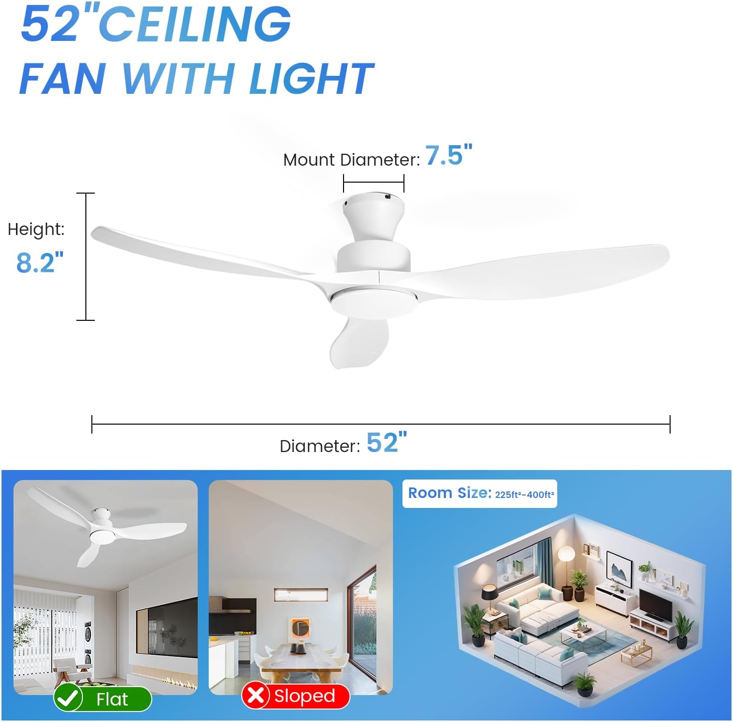 52' White Ceiling Fan with Light and Remote, Flush Mount Low Profile Ceiling Fans, Ceiling Fan with Dimmable LED Lights, 6 Speed, Silent Reversible DC Motor,White Fan for Bedroom/Living Room/Patios