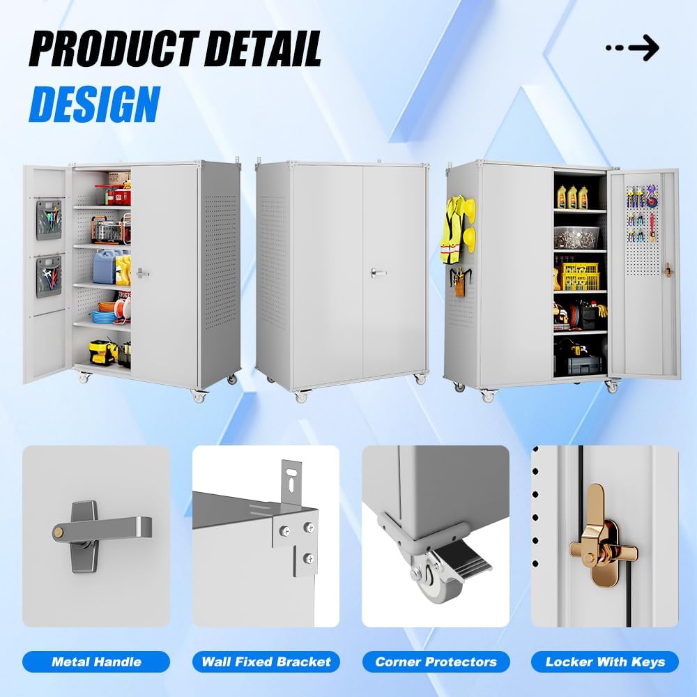 Yeeoy Wide & Deep Metal Garage Storage Cabinet with Pegboard & Adjustable Shelves, Lockable Storage Cabinet with Wheels, Tool Organization Cabinets for Office Garage Shop, 43''W x 22''D x 72''H, Gray