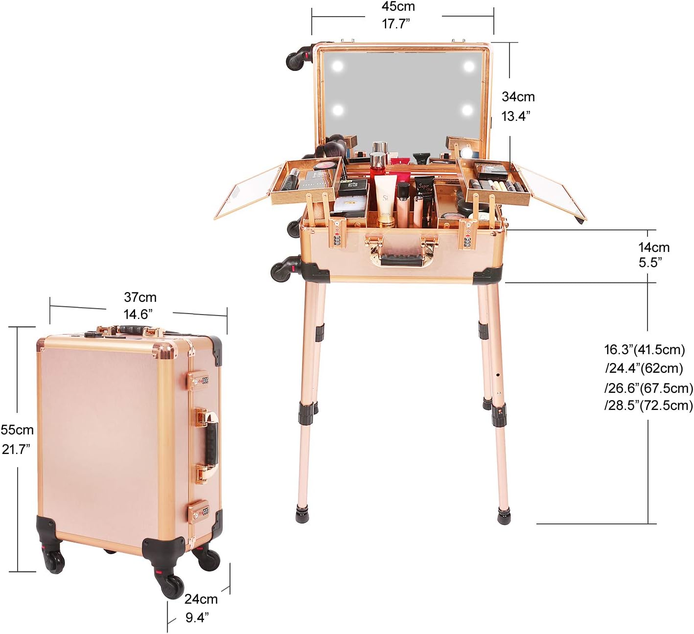 Medium Makeup Train Case with Code Lock, Lighted Mirror, Speaker Travel Cosmetic Organizer Box, Professional Artist Trolley Studio Free Standing Case