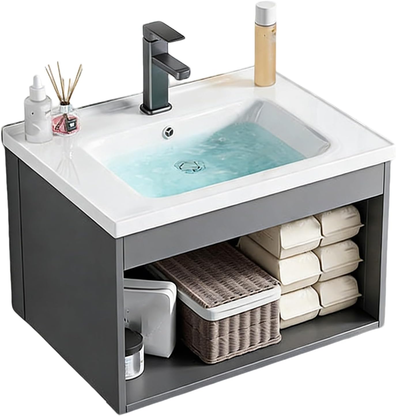 Modern corner bathroom vanity，Small wall mounted hand sink ，Bathroom Vanity with Sink，for Guest Baths Master Suites or Rental Units Bathroom(24in)