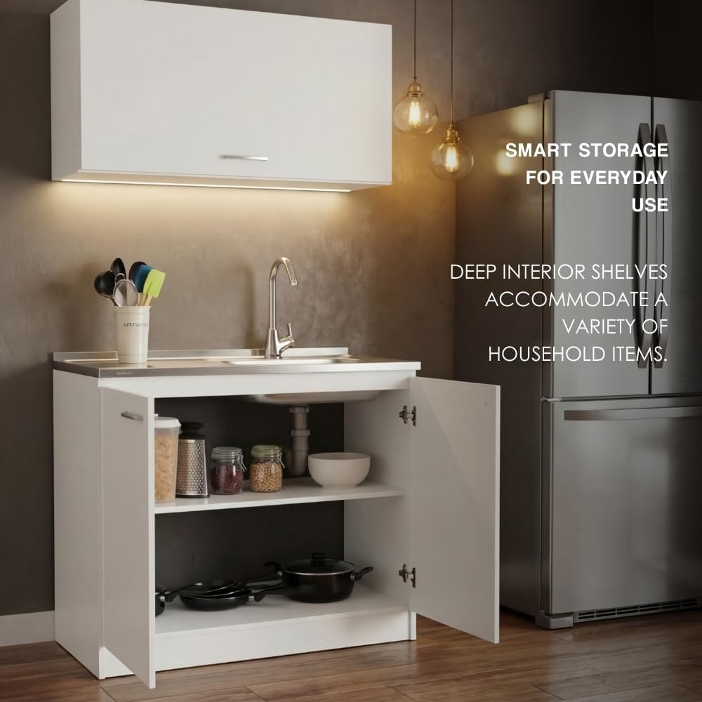 DEPOT E-SHOP Salento Utility Freestanding Sink with Cabinet 35.4' H x 39.3' W - Double Door, Two Shelves, Metal Handles, Aluminum Countertop, White, with Integrated Steel Sink