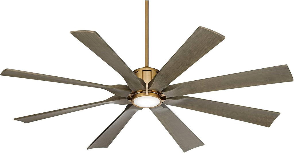 Possini Euro Design 60' Defender Modern Outdoor Ceiling Fan with Dimmable LED Light Remote Control Soft Brass Weathered Oak Blades Damp Rated for Patio Exterior House Porch Gazebo Garage Barn