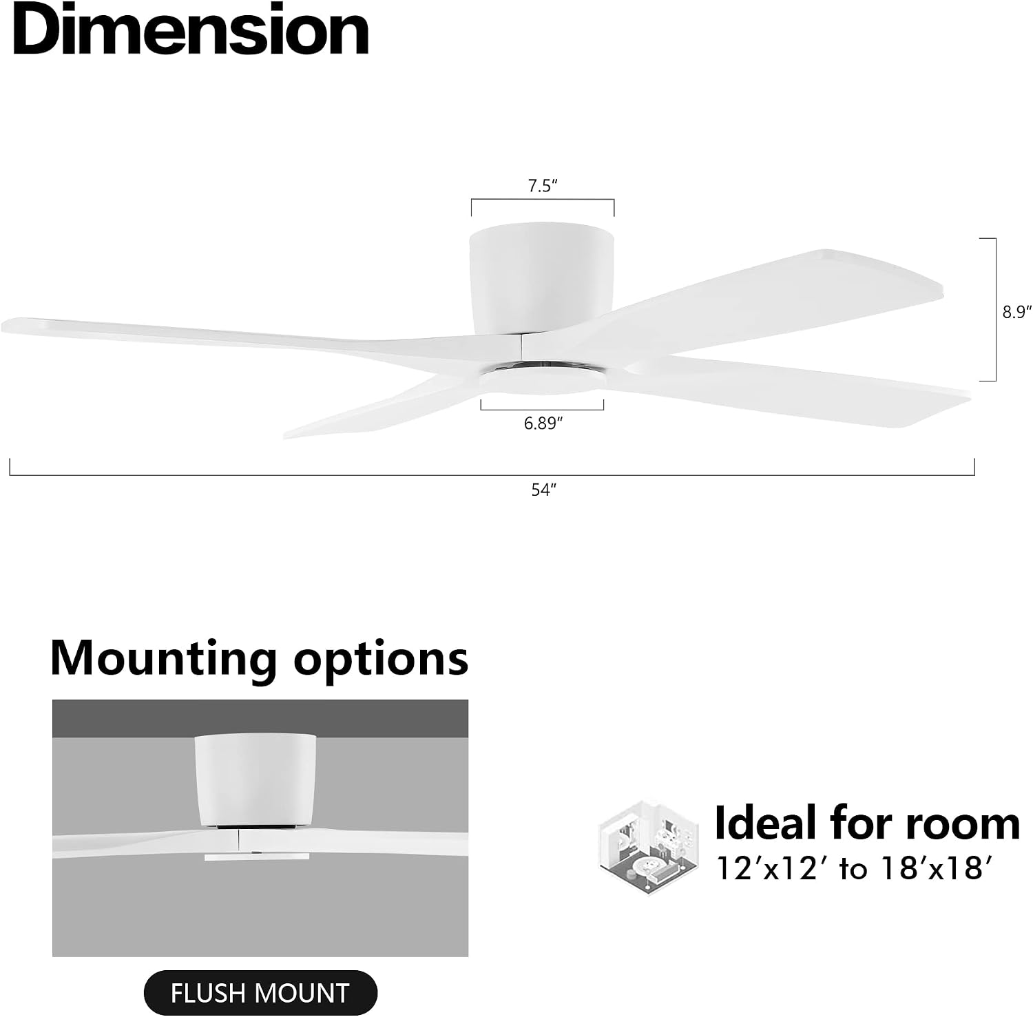 WINGBO 54 Inch Flush Mount DC Ceiling Fan without Lights, 4 Reversible Carved Wood Blades, 6-Speed Noiseless DC Motor, Huger Ceiling Fan No Lights in Gloss White with White Blades